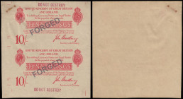Ten Shillings Bradbury 2nd issue (1915) handstamped FORGED and DO NOT DESTROY. Without watermark and probably a trial and handstamped to avoid being p...