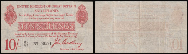 Ten Shillings Bradbury T12.2 issued 1915 serial number E1/87 59591, VF or near s...