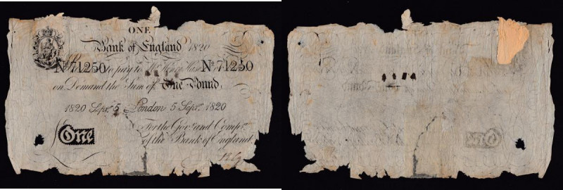 One Pound Henry Hase 5th Sept 1820 serial No. 17250 B201b Poor Ex Spink Auction ...
