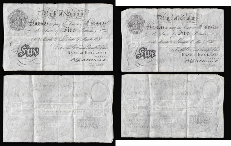 Five Pounds Catterns White notes B228 London 5th March 1932 (2) a consecutively ...