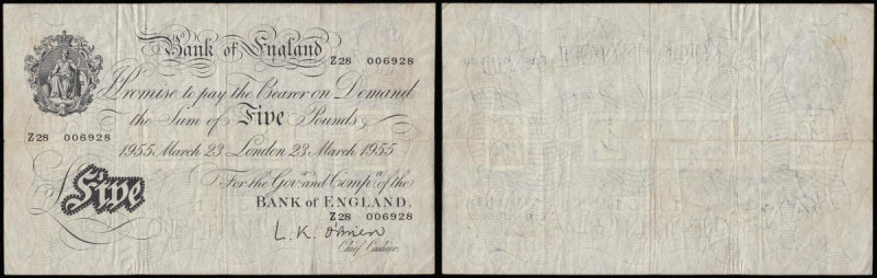 Five Pounds O'Brien white B275 dated 23 March 1955 serial number Z28 006928 pref...