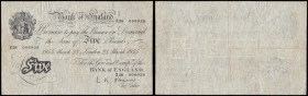 Five Pounds O'Brien white B275 dated 23 March 1955 serial number Z28 006928 prefix Z28, Fine

Estimate: GBP 40 - 70