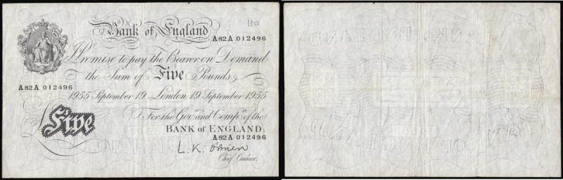 Five Pounds O`Brien white B276 London 19 September 1955, serial number A82A 0124...