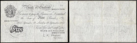 Five Pounds O`Brien white B276 London 19 September 1955, serial number A82A 012496, Pick 345, nVF small nick at top edge and penned number 110 in the ...