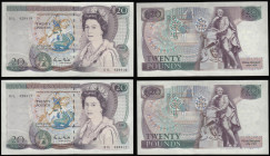 Twenty Pounds Gill B355 Shakespeare Reverse a scarce first run consecutive pair 01L 429417 and 01L 429418 (March 1988) AU to UNC 

Estimate: GBP 240...