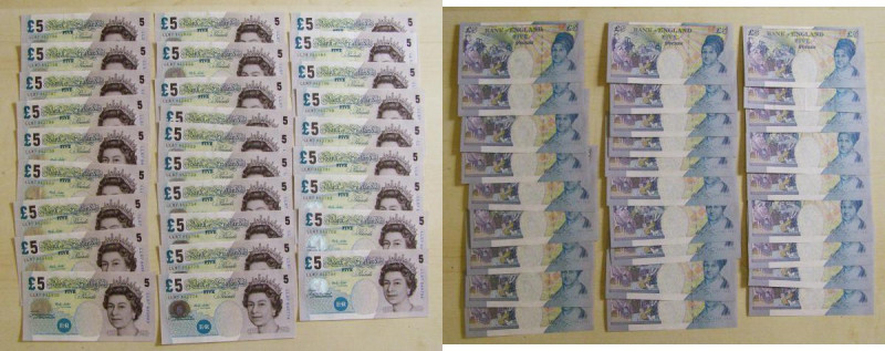 Five Pounds Lowther (28) Replacement notes with cut halo area below the left ser...
