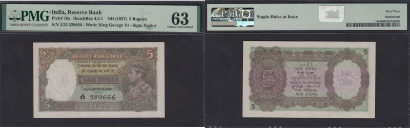 India 5 Rupees George VI ND(1937) serial J/33 529666 Pick 18a PMG 63 Choice Unci...