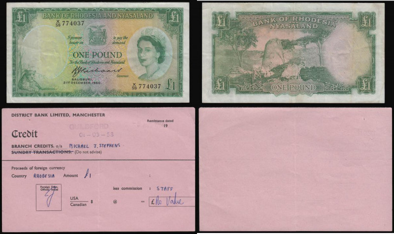 Rhodesia & Nyasaland One Pound dated 21 December 1960 signed Richards, serial nu...