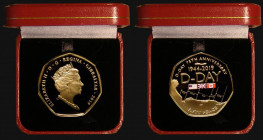 Gibraltar Fifty Pence 2019 75th Anniversary of D-Day Gold Proof Piedfort, the reverse with coloured Union Jack, Canada and USA flags as part of the re...