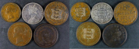 World a small group (5) India One Rupee 1862 Bombay Mint type A/II 1 dot/2 dots KM#473.1 NVF, Guernsey 8 Doubles 1834 S.7200 GVF, Jersey (2) 1/13th Sh...