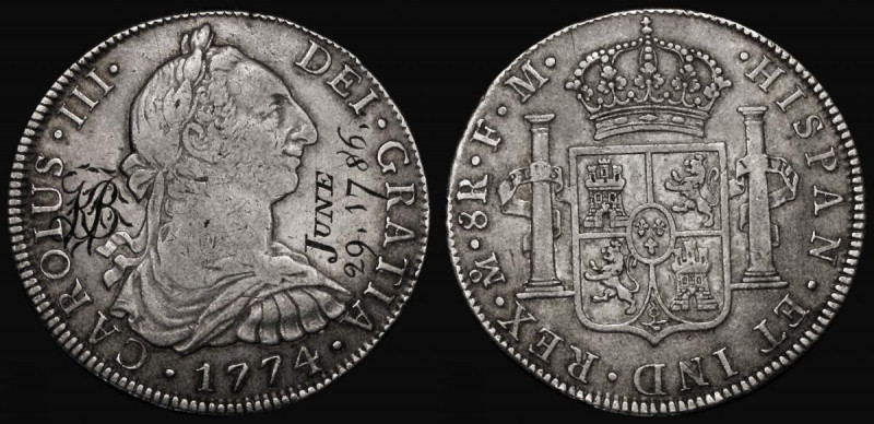 Engraved Mexico 8 Reales 1774 Mo FM KM#106.2, the obverse with an ornate monogra...