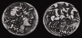 Ancient Rome Denarius Junia I (c.145-138BC) Obverse: Winged Helmeted head of Roma, right, X in field behind, Reverse: the Dioscuri galloping right wit...