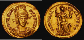 Gold Solidus Arcadius, Constantinople Mint (397-402AD) Obverse: Bust three quarters facing, diademed, helmeted and cuirassed, holding spear over shoul...