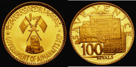 Ajman - United Arab Emirates 100 Riyals Gold undated (1971) Obverse: State Emblem with denomination above, bust below, Reverse: Courthouse with denomi...