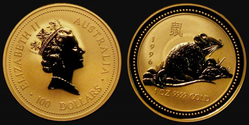 Australia 100 Dollars Gold 1996 Chinese Lunar Year of the Rat KM#300 UNC, an eye...