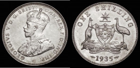 Australia Shilling 1935 KM#26 Lustrous UNC or very near so, with all the crown diamonds and full band sharp, a very attractive example and rare thus
...