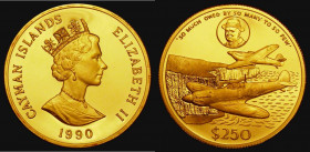 Cayman Islands $250 Gold 1990 Reverse: Spitfires flying over Dover, with cameo of Churchill above, One Ounce of .999 Gold, Proof nFDC the obverse with...