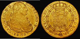 Colombia 8 Escudos Gold 1806 P JF, Popayan Mint GVF/NEF with some contact marks, one of a number of South American early Gold issues offered in this s...