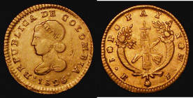 Colombia Gold Escudo 1826FM Wide date KM#81.2 Fine. The reverse a little better, much of the obverse date and legend is double struck, one of a number...