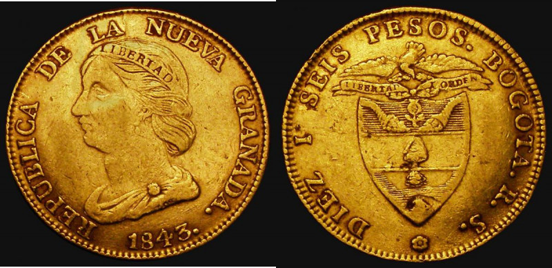 Colombia, Republic of Nueva Granada 16 Pesos Gold 1843RS KM#94.1 Fine, this impr...