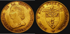 Colombia, Republic of Nueva Granada 16 Pesos Gold 1843RS KM#94.1 Fine, this impressive South American gold issue seldom seen, only the second example ...