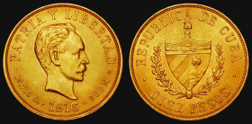 Cuba 10 Pesos Gold 1916 KM#20 NEF with some contact marks, a scarce 2-year type, our archive database stretching back to 2003 shows that this is only ...