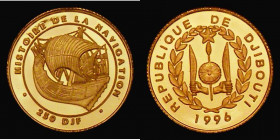 Djibouti 250 Francs Gold 1996 History of Navigation, Reverse: Old Sailing Ship, KM#36, 1.24 grammes of .999 Gold Proof FDC, a popular one-year type
...
