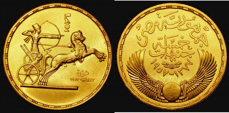 Egypt Five Pounds Gold AH1377 (1957) Fifth Anniversary of the Revolution KM#388 ...