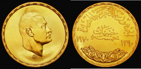 Egypt Gold Five Pounds 1970 (AH1390) President Nasser KM#428 UNC or near so with some hairlines, the fields with a prooflike quality. Egypt Gold issue...