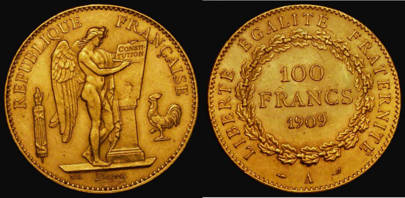 France 100 Francs Gold 1909A Paris Mint KM#858 with a flan flaw on the obverse E...