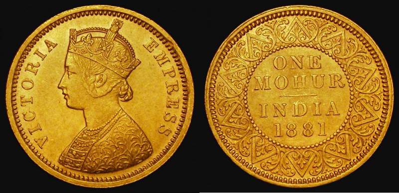 India Gold Mohur 1881 KM#496 GVF/NEF, a pleasing and even example, only 23,000 m...