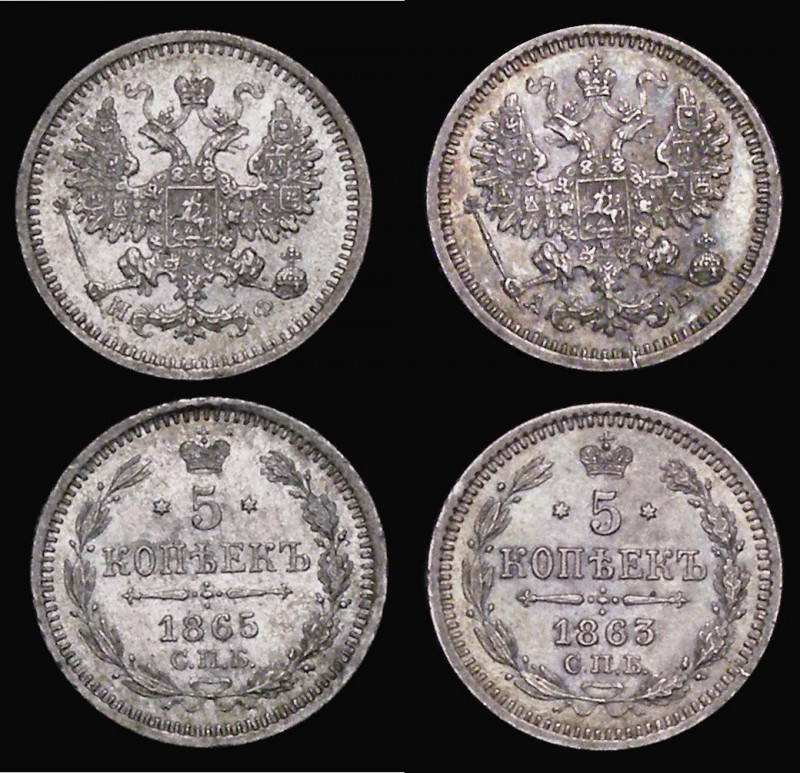 Russia Five Kopeks (2) 1863 C&Pi;Б AБ Y#19.2 GEF/AU and attractively toned, 1865...