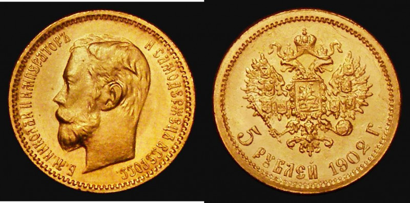 Russia Five Roubles Gold 1902 AP Y#62 EF and lustrous with a contact mark on the...