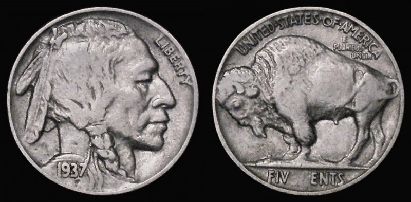 USA Five Cents 1937 a Mint Error - Mis-Strike clogged die, the reverse legend FI...