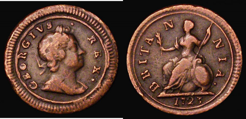 Farthing 1723 R over sideways R in REX Peck 827 Near Fine, once cleaned, Very Ra...