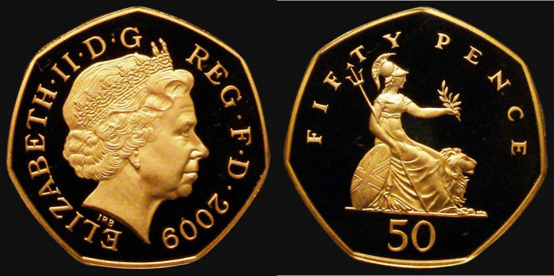 Fifty Pence 2009 Britannia 'Fifty Pence' Reverse Gold Proof Piedfort S.H8, FDC i...