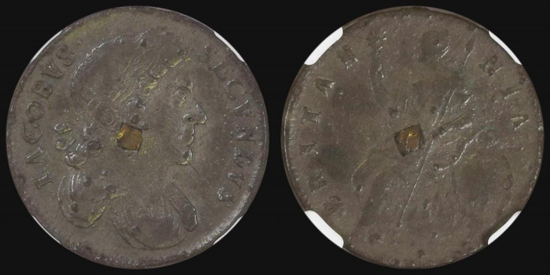 Halfpenny 1686 Tin, edge with plain mullets between the legend and date, Peck 54...