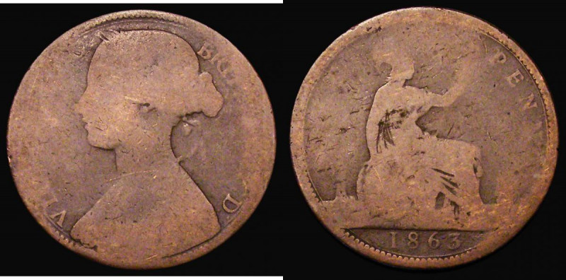 Penny 1863 3 over 1 Gouby BP1863Aa (dies J+g), Freeman dies 6+G, Poor the overst...