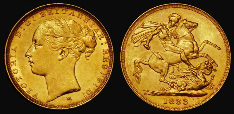 Sovereign 1883M George and the Dragon, WW complete on broad truncation, Horse wi...