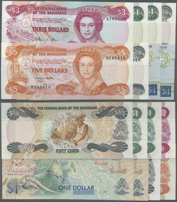 Bahamas: set of 8 notes containing 2x 50 Cents L.1974 P. 42 (aUNC & UNC), 2x 1 D...