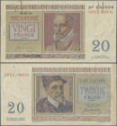 Belgium: 20 Francs 1950 Specimen P. 132as, a rarely seen specimen note with red overprint at upper right, zero serial numbers. The note has crisp orig...