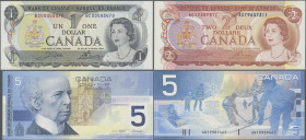 Canada: Bank of Canada, set with 7 banknotes, comprising 1 Dollar 1973 (P.85c, UNC), 2 Dollars 1974 (P.86b, UNC) and 5 consecutive numbered 5 Dollars ...