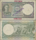 Ceylon: Government of Ceylon 1 Rupee 1st March 1949 SPECIMEN, P.34as, red overprint and lilac stamp ”Specimen” at upper and lower margin and at center...