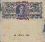 Ceylon: Government of Ceylon 10 Cents 1st February 1942 SPECIMEN, P.43as, red overprint ”Specimen” at upper and lower margin, regular serial number A/...