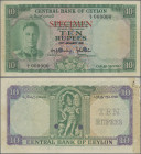 Ceylon: Central Bank of Ceylon 10 Rupees 20th January 1951, P.48s with red overprint ”Specimen”, serial number L/1 000000 and punch hole cancellation,...