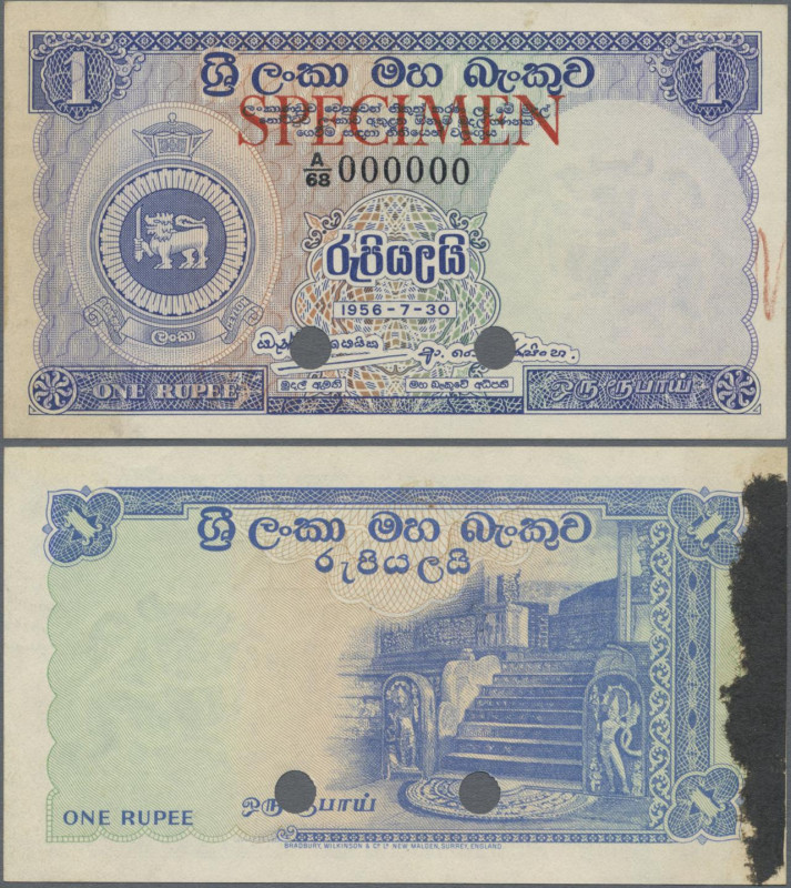 Ceylon: Central Bank of Ceylon 1 Rupee 30th July 1956 SPECIMEN, P.56as with red ...