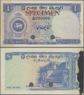 Ceylon: Central Bank of Ceylon 1 Rupee 30th July 1956 SPECIMEN, P.56as with red overprint ”Specimen”, serial number A/68 000000 and punch hole cancell...