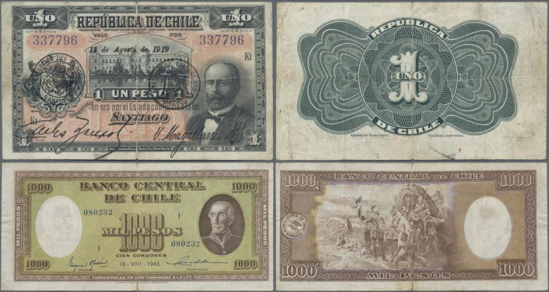 Chile: Nice set with Republica de Chile 1 Peso 1919 P.15b (VF) and 1000 Pesos Ba...