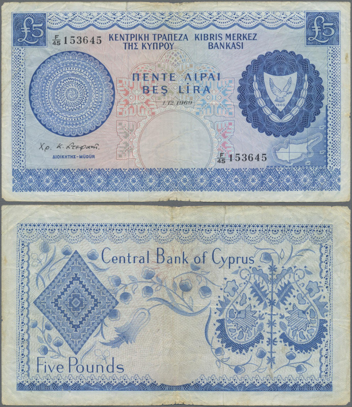 Cyprus: Central Bank of Cyprus 5 Pounds 1969, P.44, small margin splits and tiny...