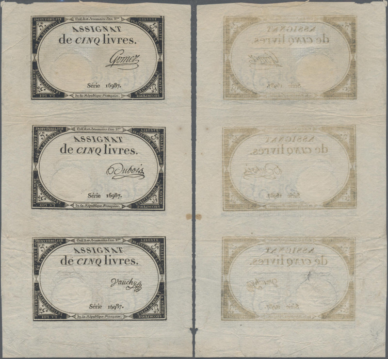 France: République Française, uncut sheet with 3 banknotes 5 Livres 10. Brumaire...